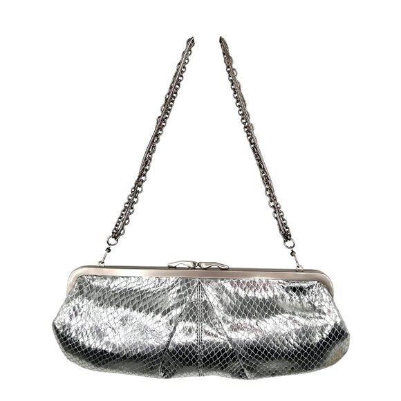 NWT METALLIC SILVER SNAKE EMBOSSED LEATHER CLUTCH PURSE W/ MULTI CHAIN STRAP - Picture 1 of 7